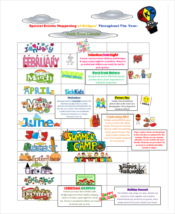 Sample Calendar Of Events The Document Template