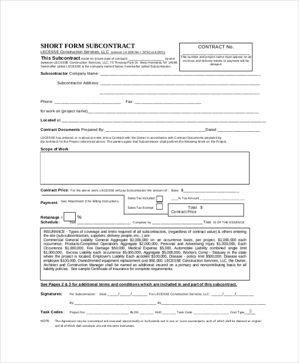 contract form short in Agreement Form Word Documents PDF,   6  Sample Construction