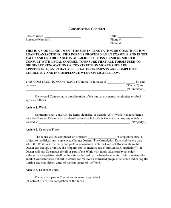 construction contractor agreement form
