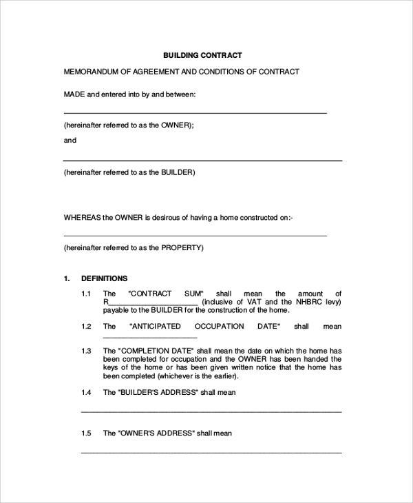 building construction agreement form