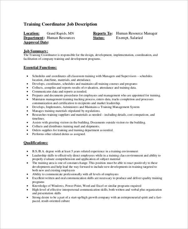 sample coordinator job description