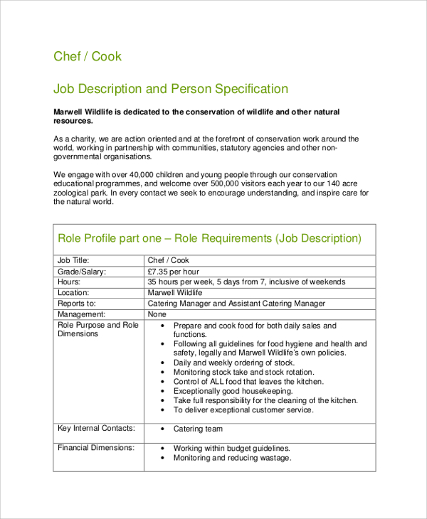 sample chef cook job description