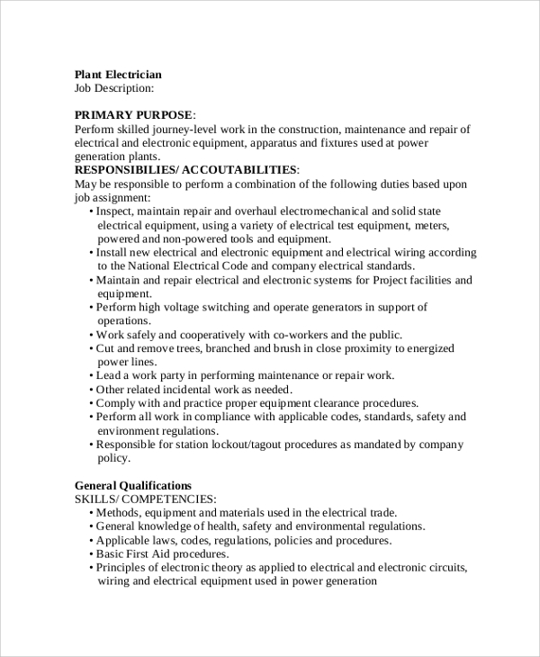 sample electrician job description