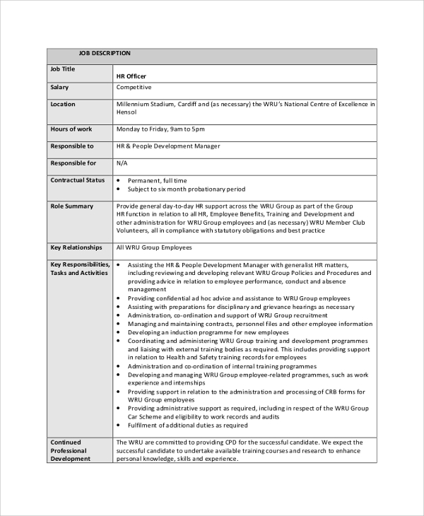 Hr Standard Job Description Template Printable Pdf Download