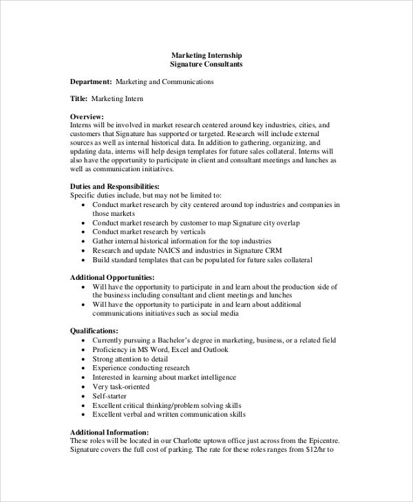 sample internship job description