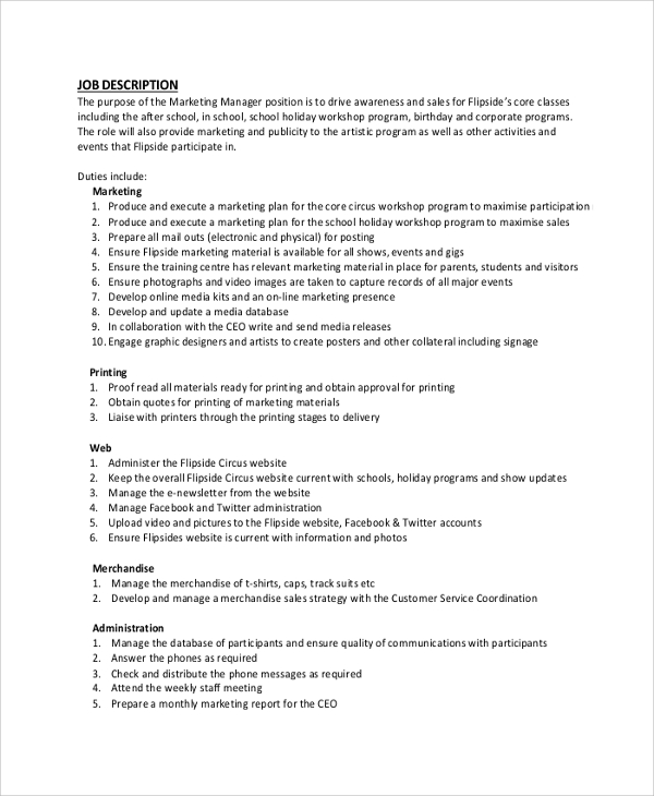 sample marketing job description