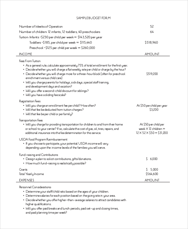 sample budget form