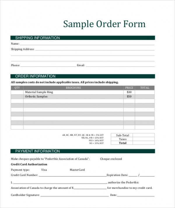 sample order form