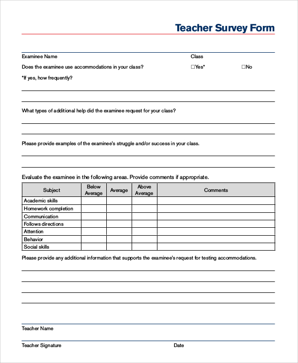 sample teacher survey form