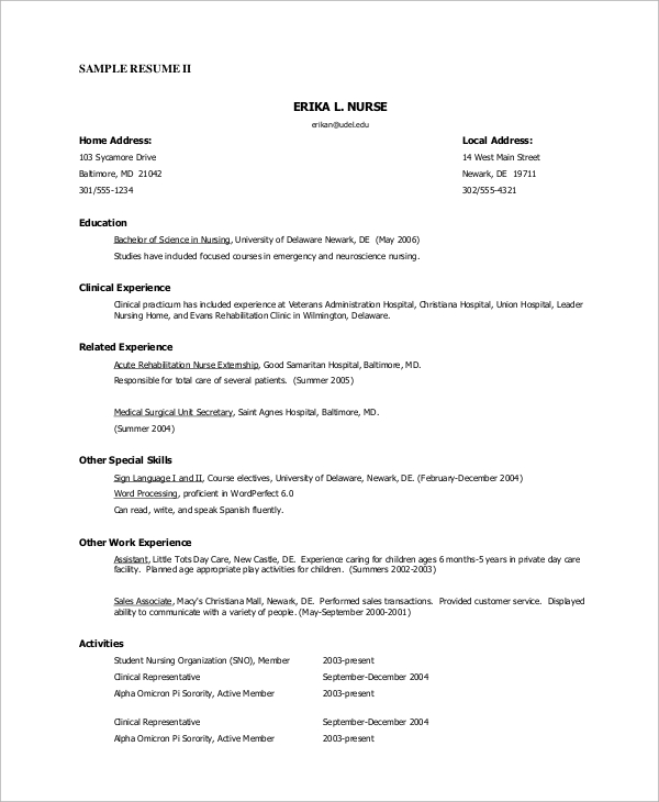 sample nursing cv