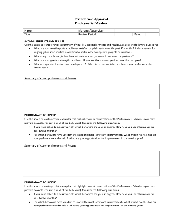 performance appraisal self evaluation sample essay