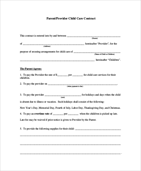 sample daycare contract
