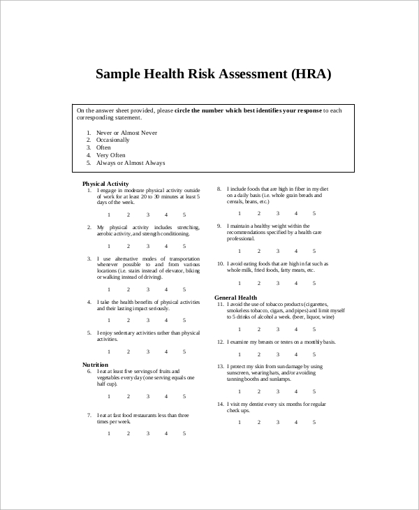 sample health risk assessment