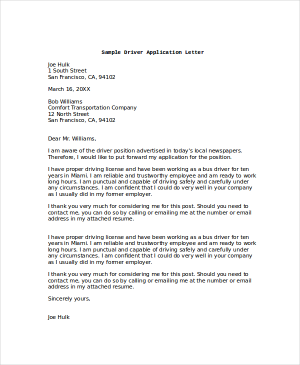 driver application letter template