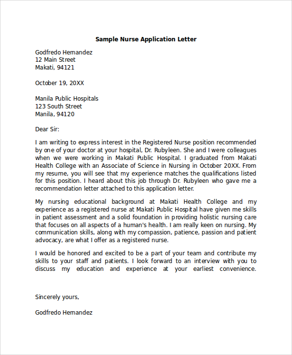 application letter for nurses sample