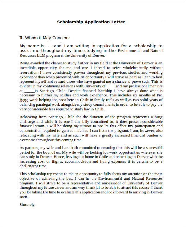 sample scholarship application letter