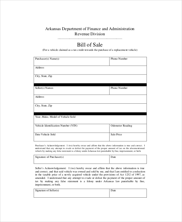 revenue bill of sales sample1