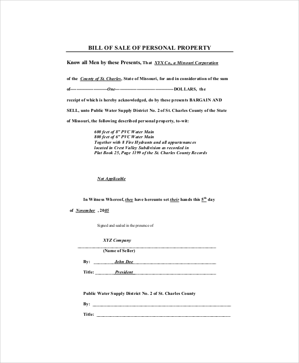 property bill of sales sample