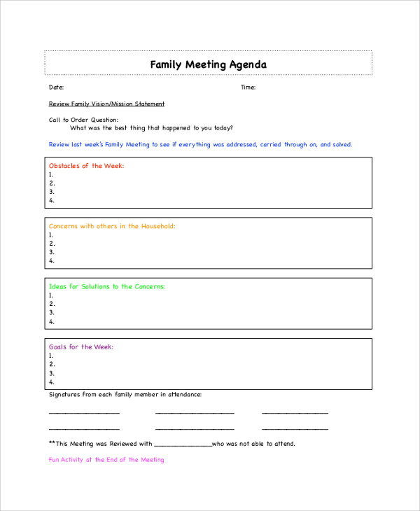 sample family meeting agenda