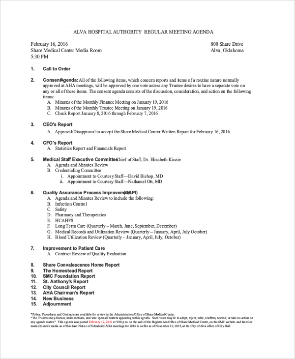 sample hospital meeting agenda