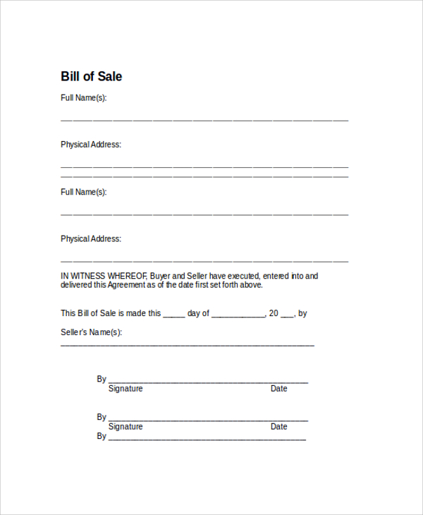 simple auto bill of sale form