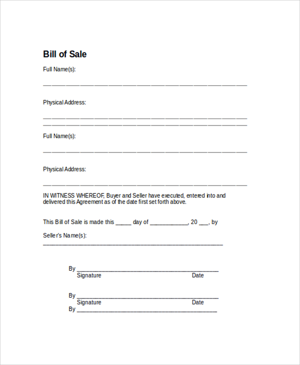 bill of sale template for car simple