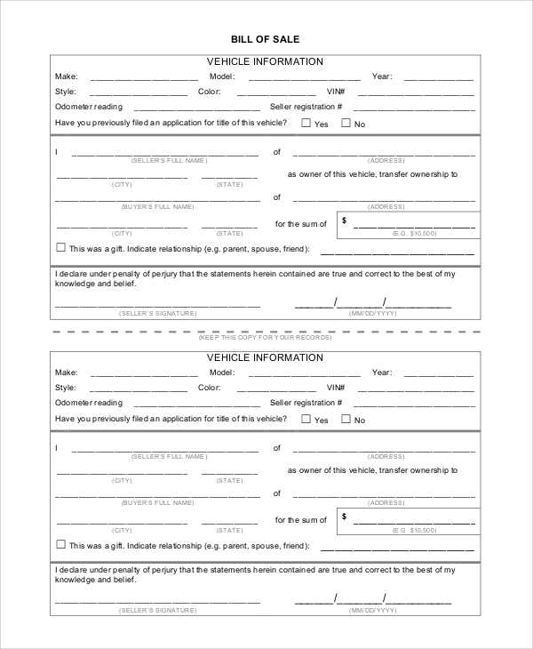 sample generic bill of sale form