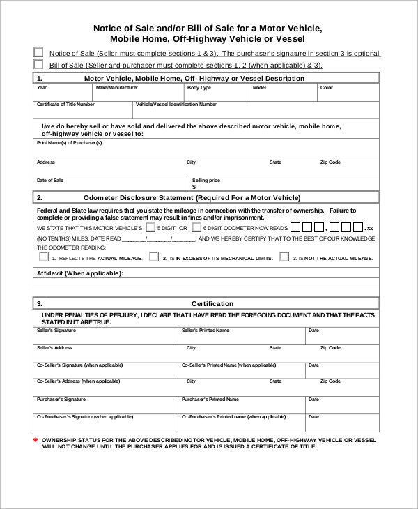 motorcycle bill of sale form