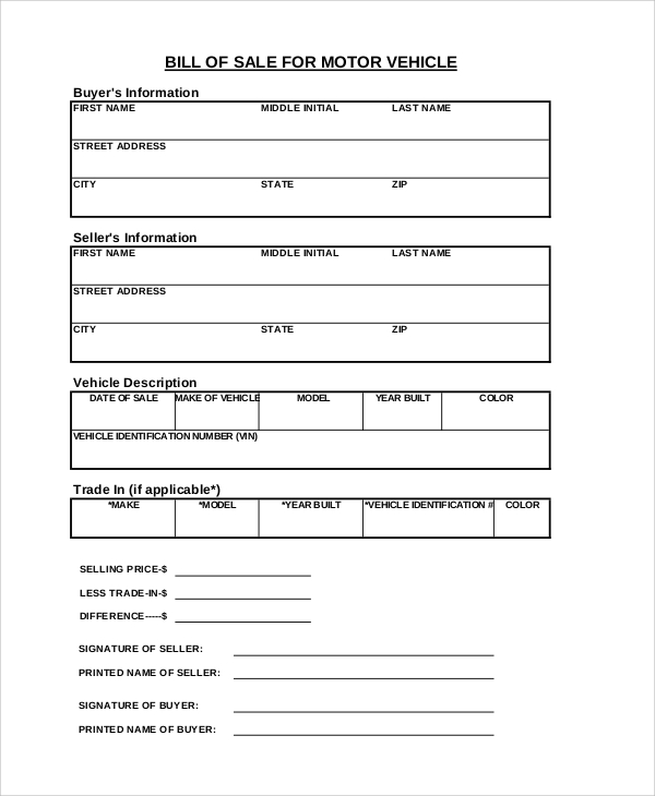 sample vehicle bill of sale form