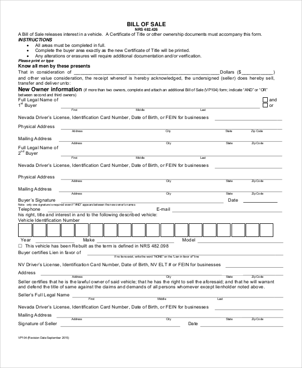 sample bill of sale form