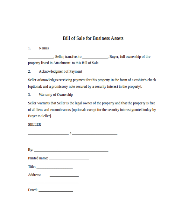 business bill of sale form sample