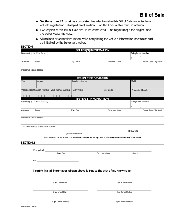 sample blank bill of sale form