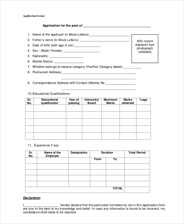format of job application form
