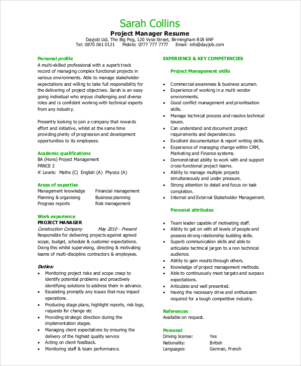 sample project manager resume