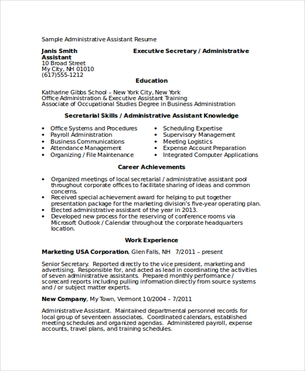 sample resume for administrative assistant