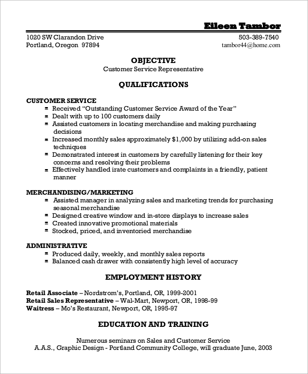 customer service experience on resume