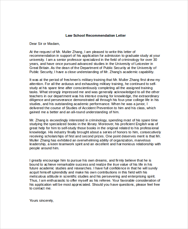 law school recommendation letter sample