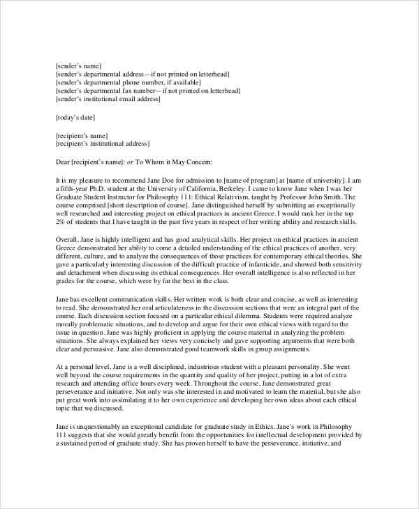 generic letter of recommendation sample