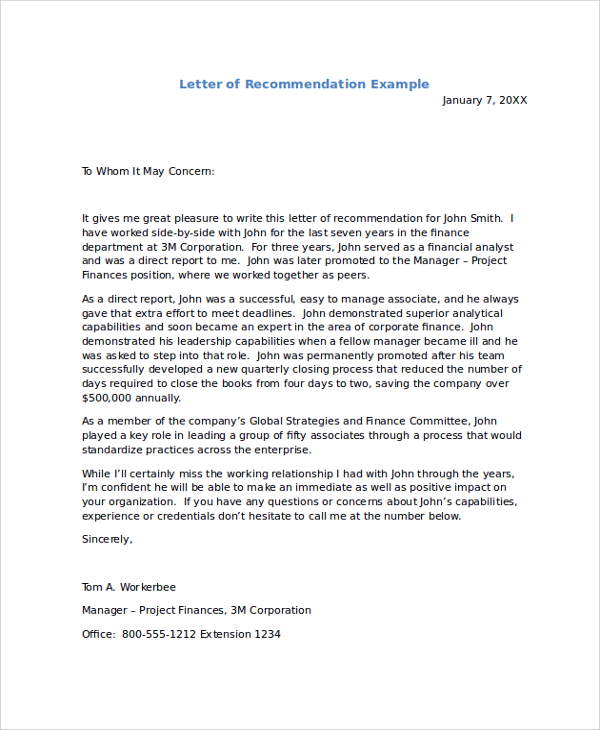 recommendation letter example