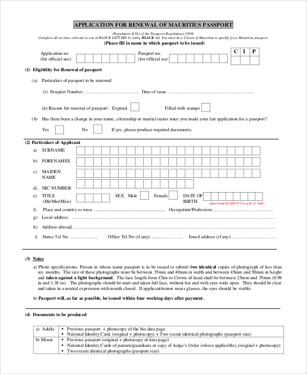 applicaiton for renewal of mauritius passport