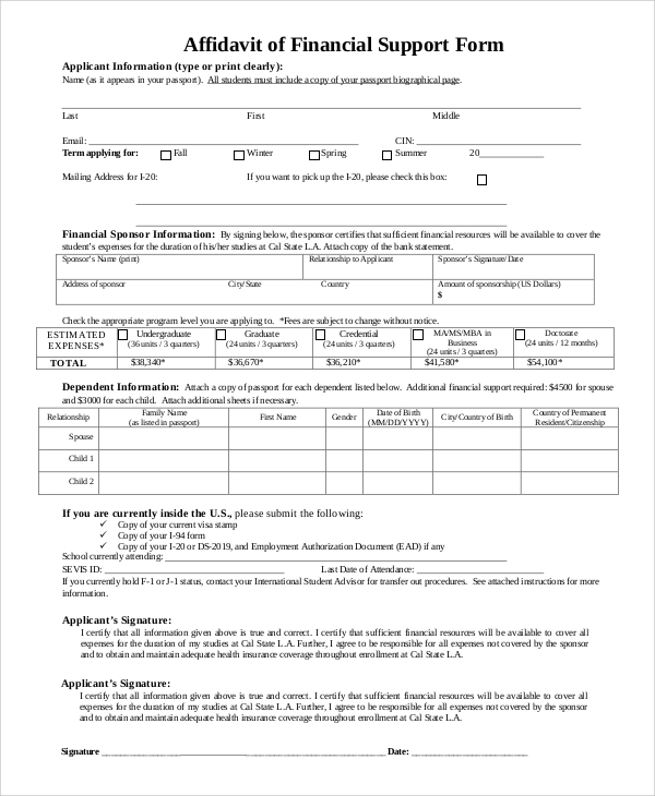 affidavit of financial support form