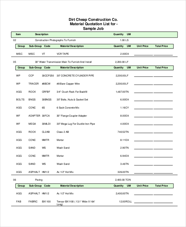 FREE 8 Sample Material  Lists in MS Word PDF