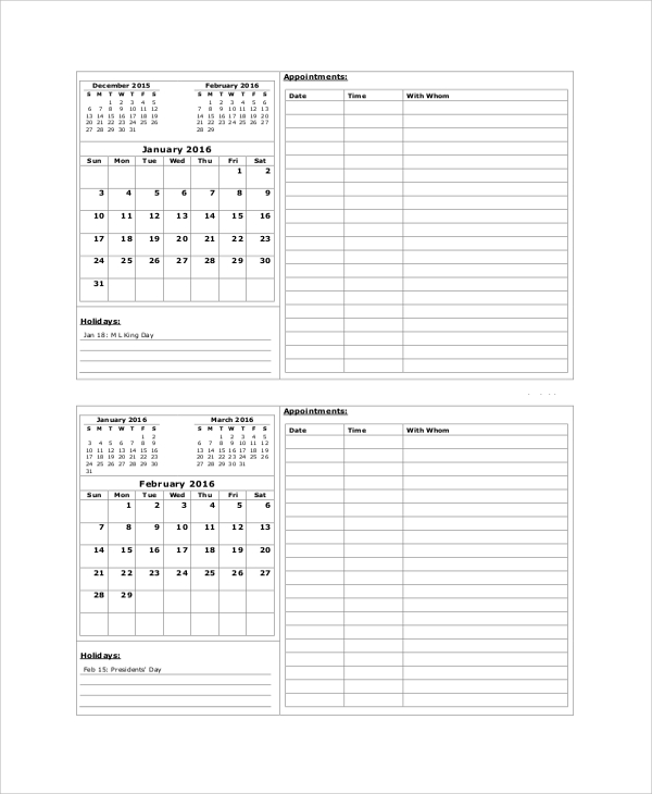 printable appointment calendar