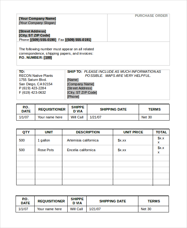 microsoft word purchase order template