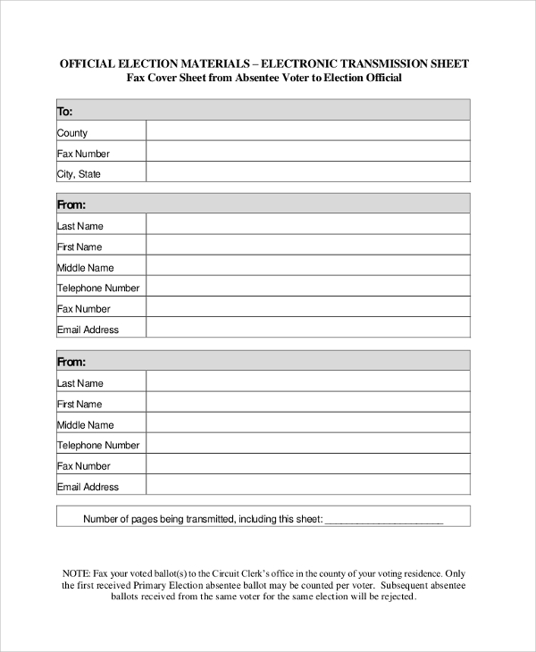 fax cover sheet from absentee voter