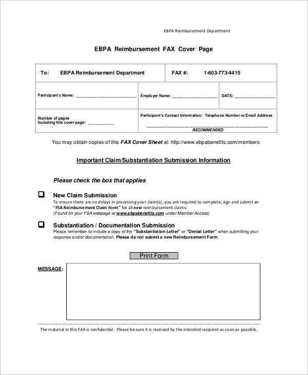 reimbursement fax cover sheet