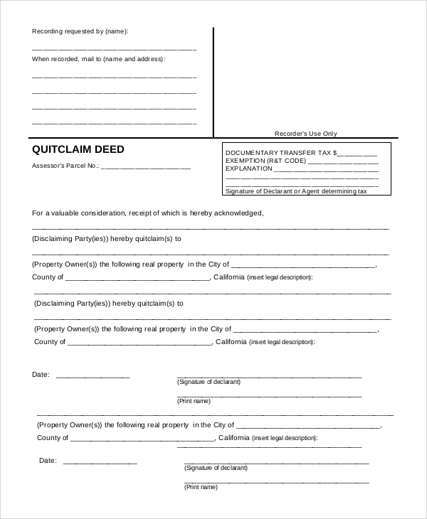 FREE 9 Sample Quick Claim Deed Templates In PDF MS Word