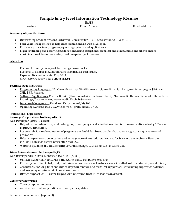 information technology resume example