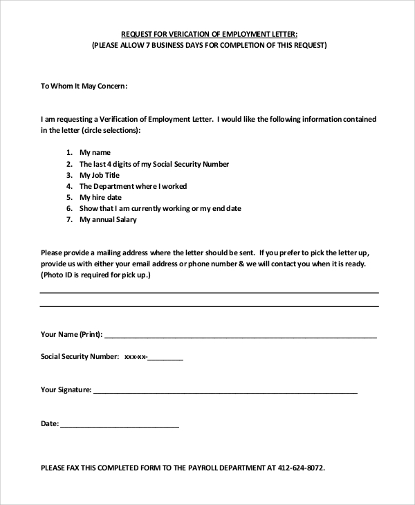 employment verification request letter