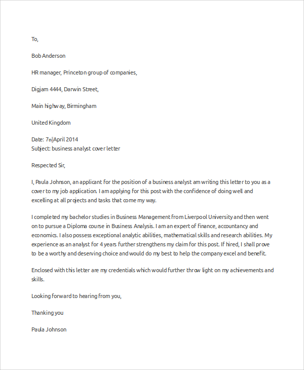 business cover letter